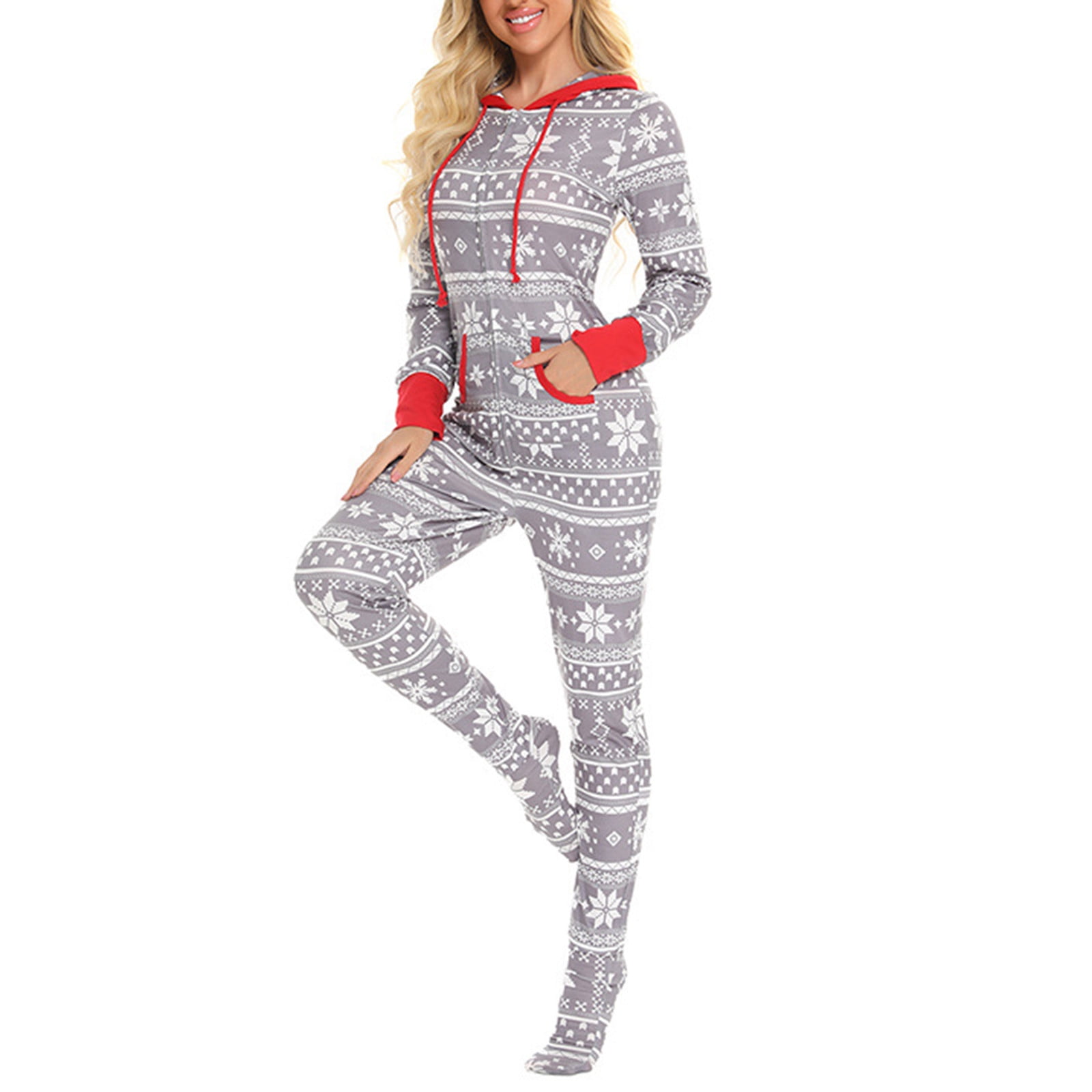 Womens Pjs Covered Feet Hooded One-Piece Onesie Adult Pajamas for Women