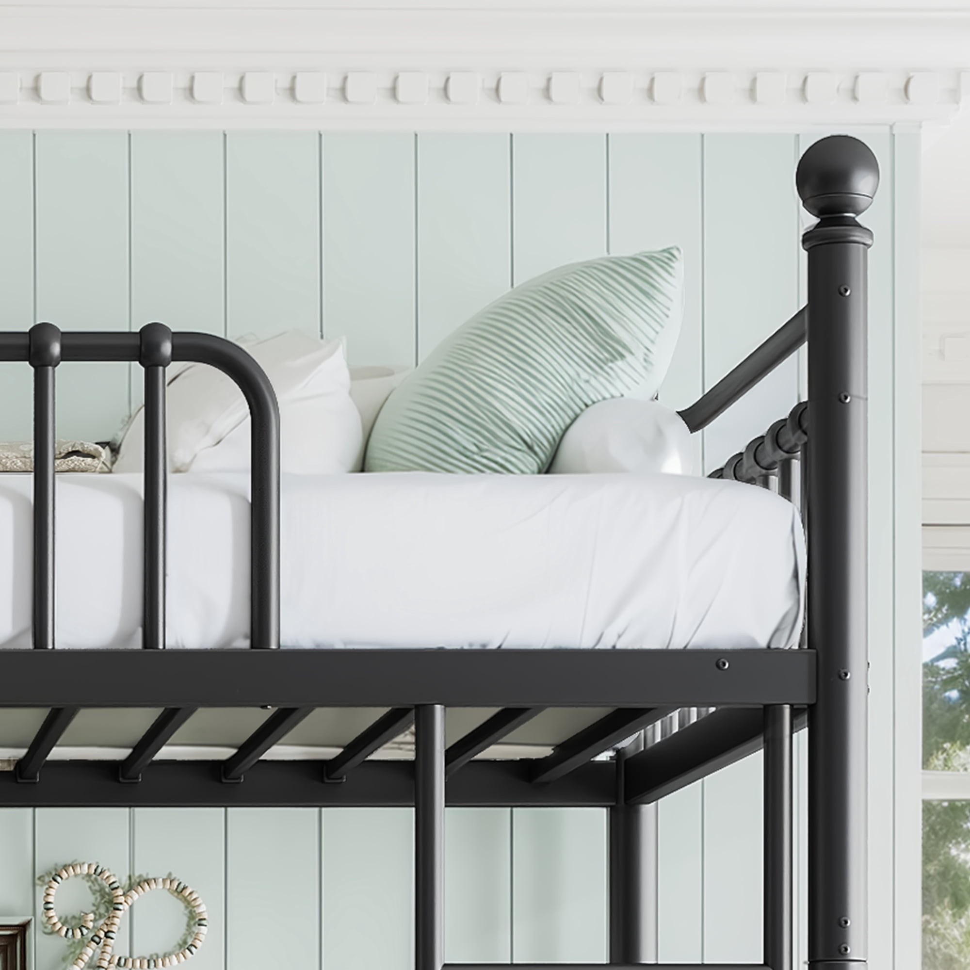 Leumius Twin XL over Twin XL Metal Bunk Bed with Unique Curved Guardrail Design, Round Tube Bunk Bed Frame, Metal Bunk Bed Frame for Kids Teens Adults Black
