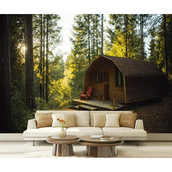Peel and Stick Wallpaper Beautiful cabin woods sunrise middle nowhere Modern Art Wall Mural Decor Self Adhesive and Removable 69in x 98in