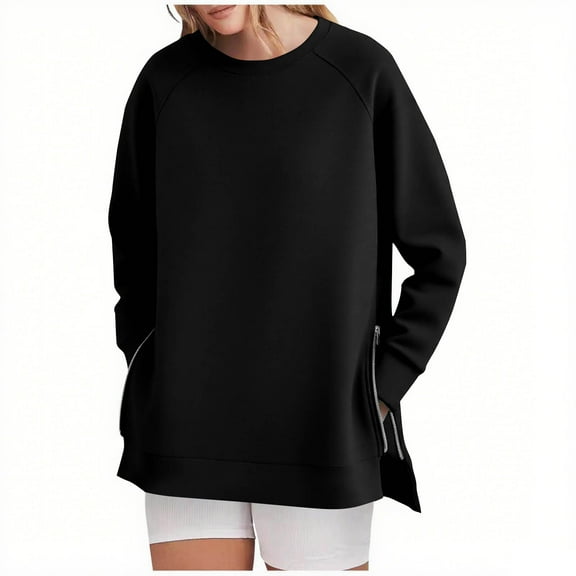 ylioge Crewneck Sweatshirts for Women Long Sleeve Shirts Ladies Trendy Solid Color Side Zipper Slit Pullover High-Low Hem Sweatshirt Tops