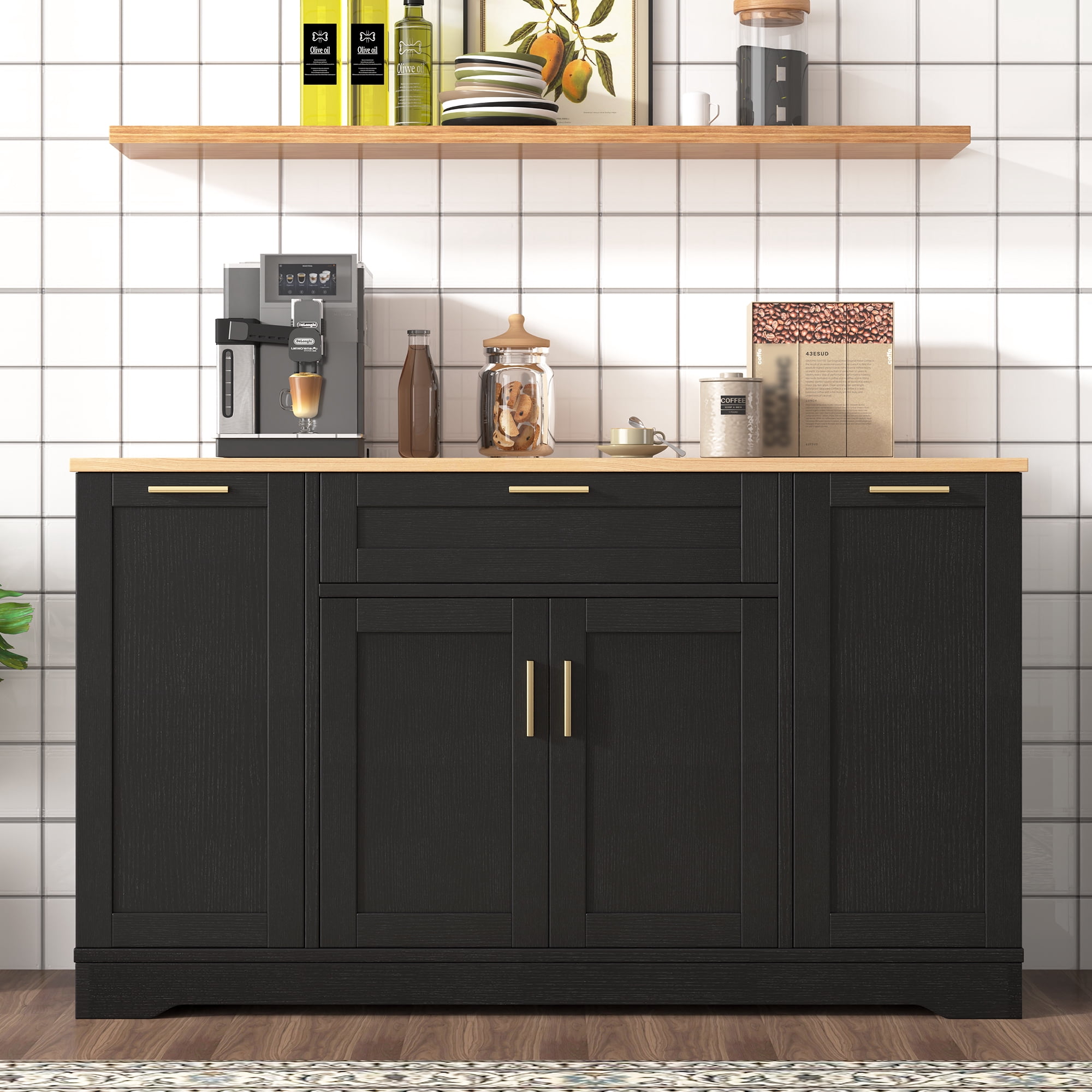 Euroco Multi-Functional Sideboard Buffet Cabinet with Storage,53.7" Extendable Dining Table with Adjustable Shelves,Drawers & 3-Tier Pull-Out Rack,Wooden Coffee Bar Cabinet for Kitchen Living Room