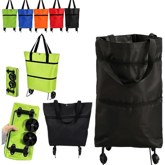 Foldable 2-in-1 Shopping Bag, Collapsible Grocery Cart with Wheels | Carry-or-roll design, collapsible wheel base, zippered expansion, compact storage, reusable bag for groceries and travel