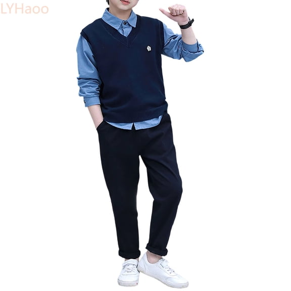 LYHaoo Boy's Spring Autumn Suit Set Children's Medium Large Size Stylish Academic Style Long Sleeved Shirt And Set Suitable For 3 15 Years Old. Boys Pant Sets for School Casual Sizes (3-4 Years)