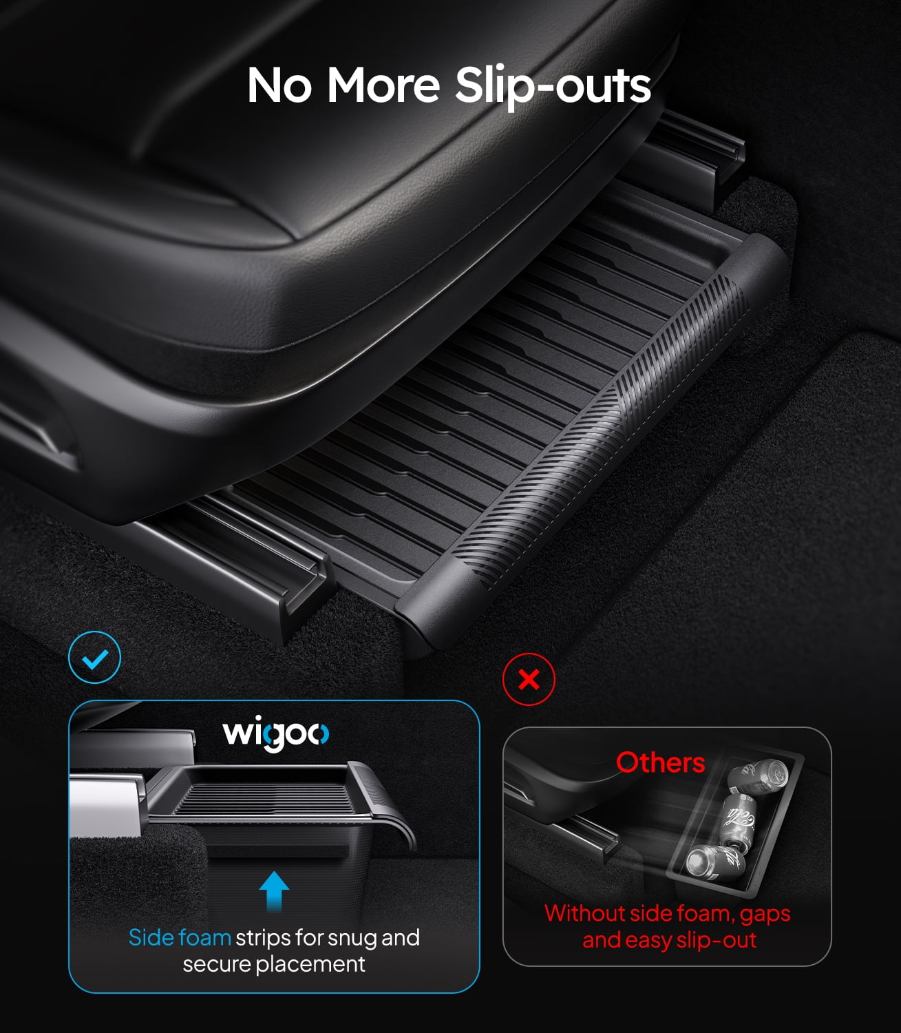 Wigoo Under Seat Storage Box for Tesla Model Y Juniper 2025~2026, 2 Pack Underseat Storage Tray with Lid, Secure No-Slide Design