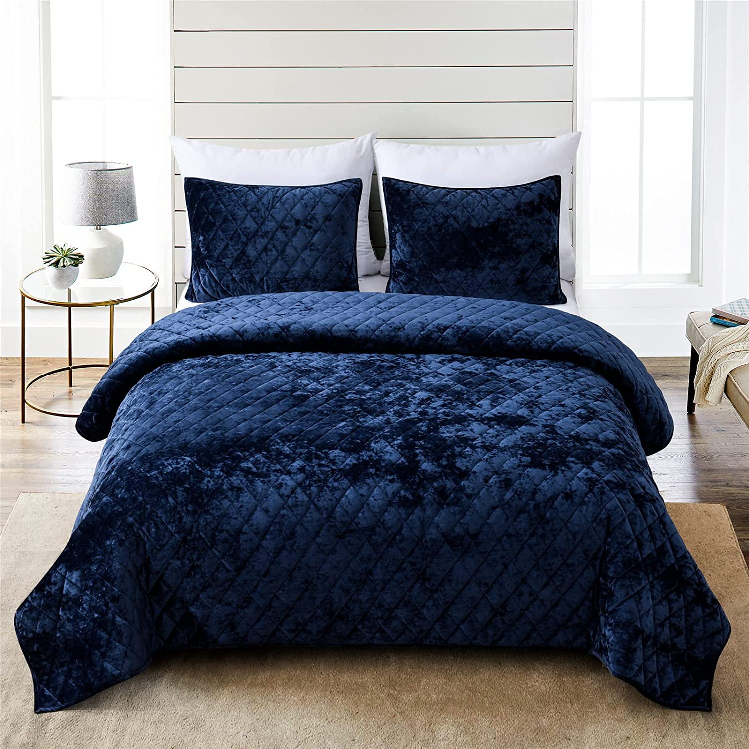 Yodudm Distressed Velvet Quilt Set, 3 Pieces Navy Queen, Distressed