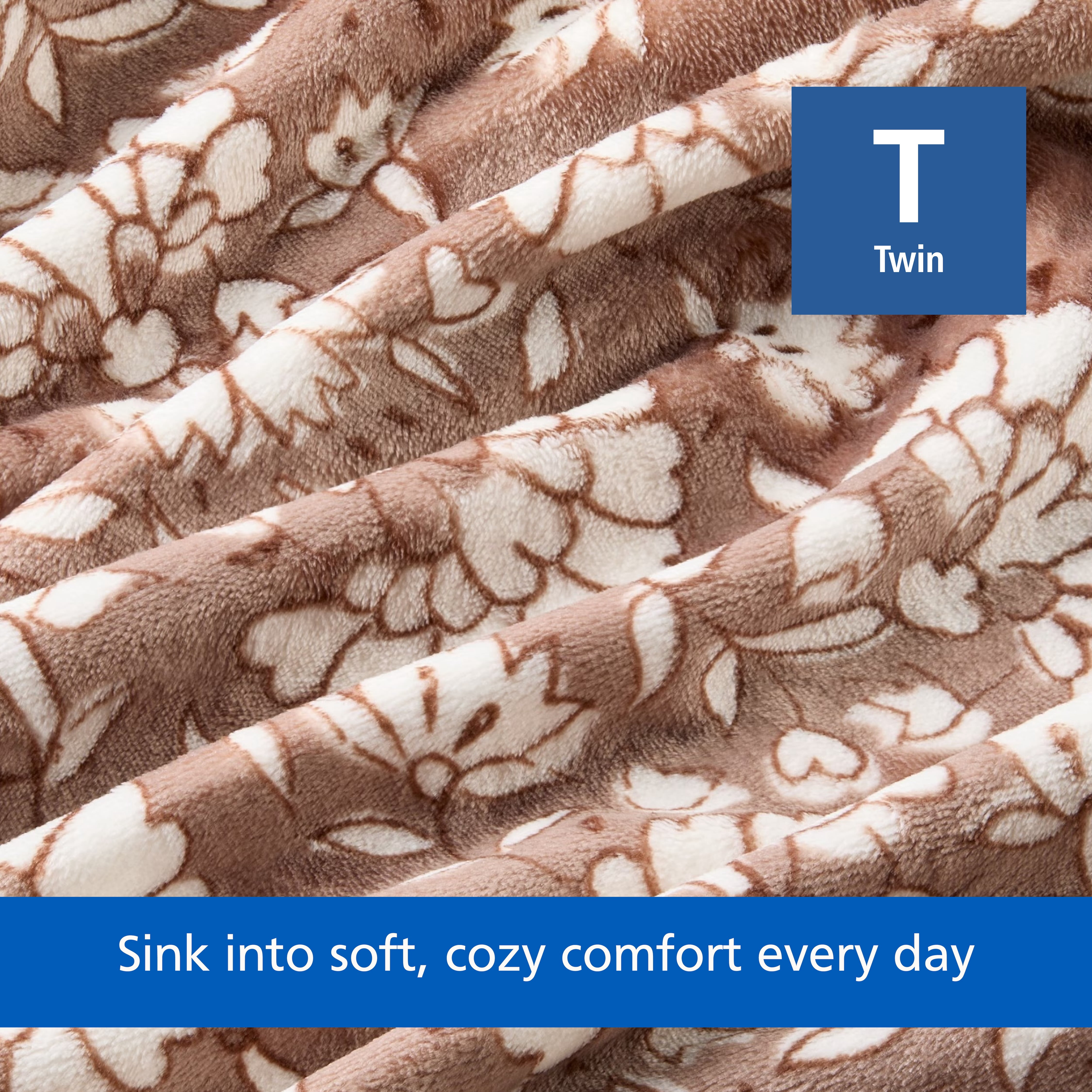 Mainstays Velvet Plush Bed Blanket, Mocha Floral, Twin Size