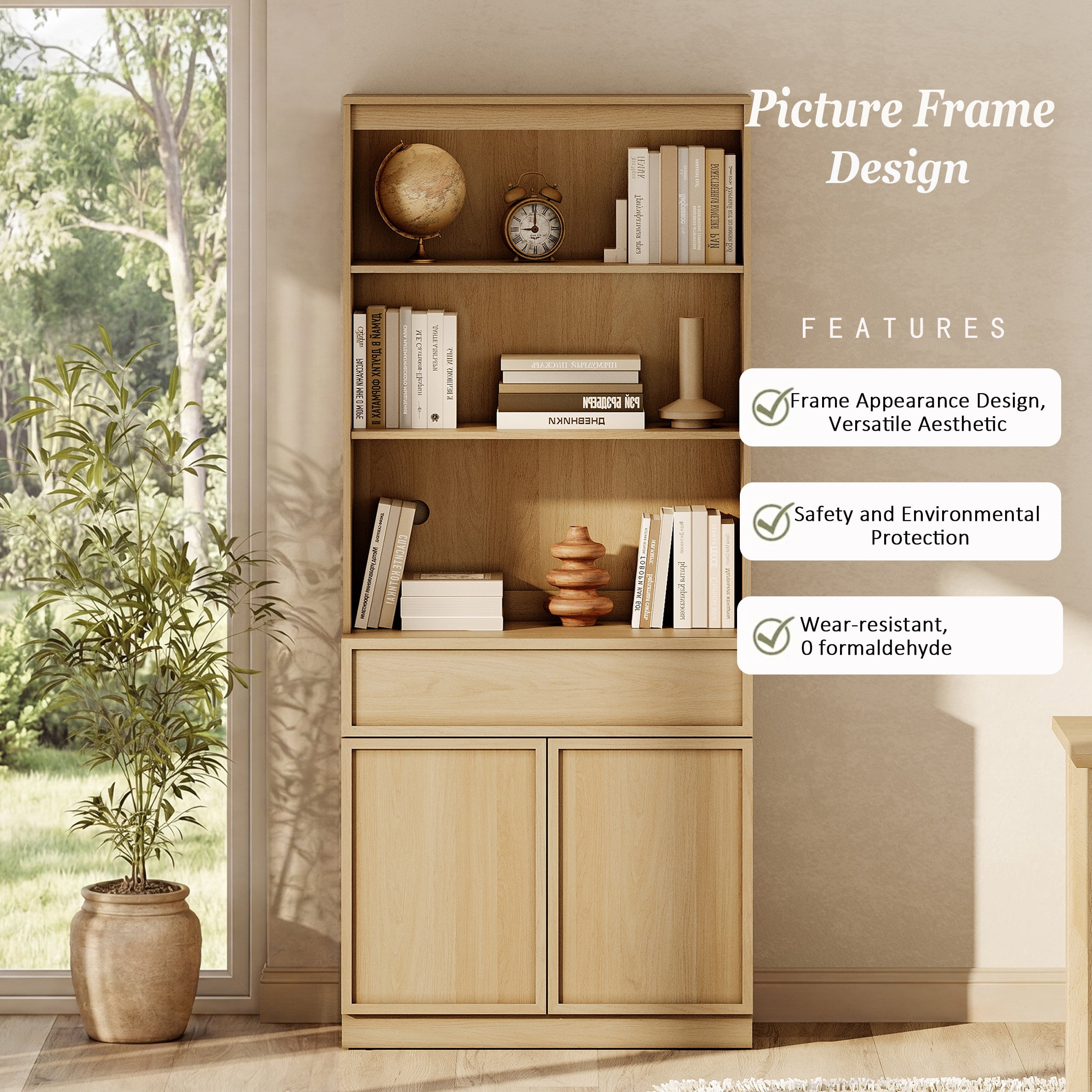 Modern 72" Tall Bookcase with Doors, Drawers & Adjustable Shelves, Wood Bookcase with Storage Cabinet and Open Shelving,Oak