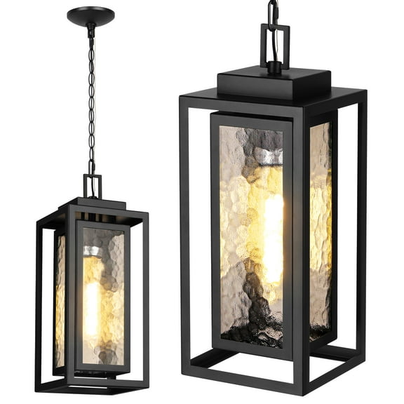 15" Outdoor Pendant Light, Modern Outside Hanging Porch Light, Black Outdoor Chandelier with Water-Ripple Glass, Metal Double Frame Exterior Hanging Lantern Ceiling Mount for Porch (Bulb Included)