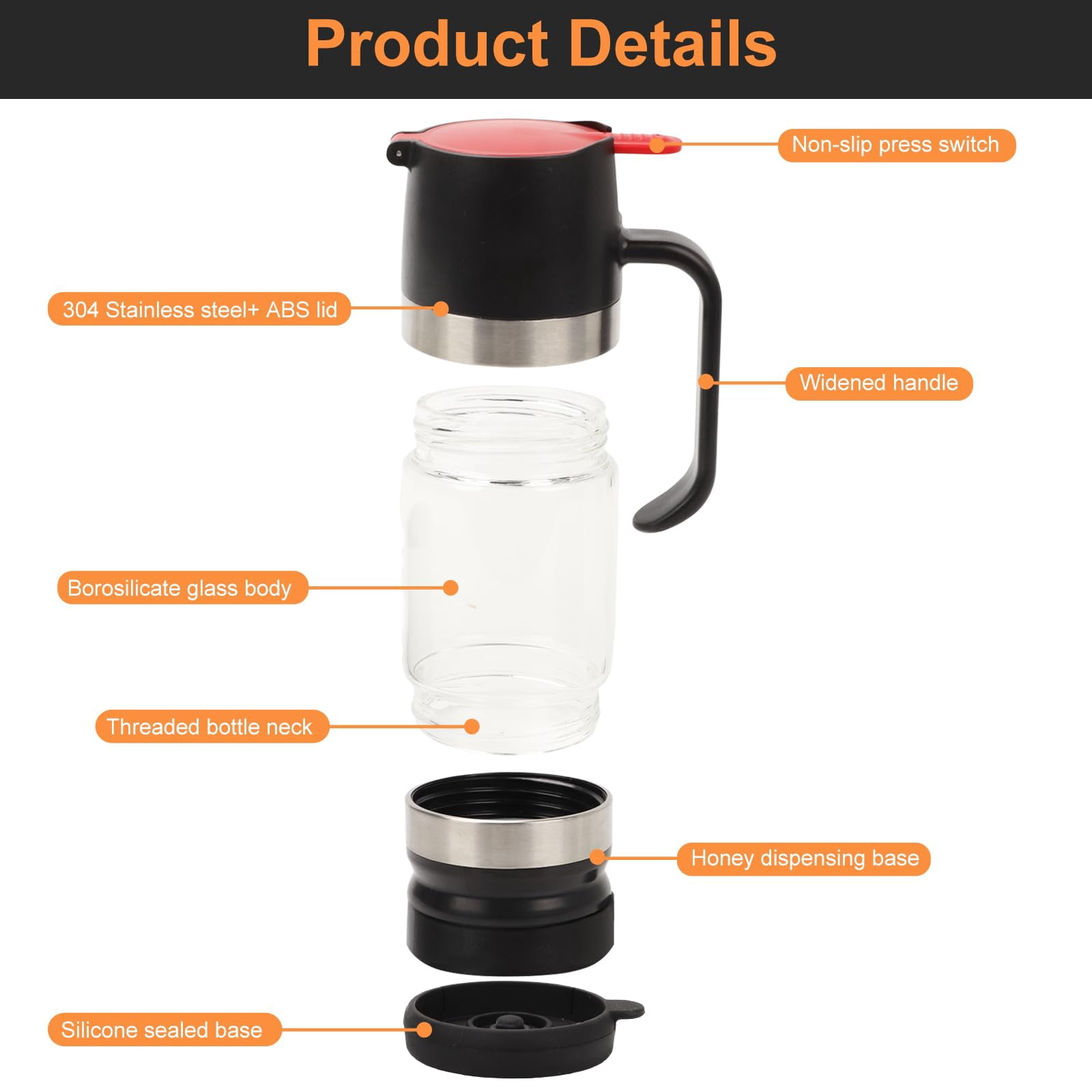 Honey Dispenser No Drip with Base, 11.83OZ Glass Honey Jar pot with Handle, Syrup Dispenser for Coffee or Tea, Mess Free Honey Dispenser for Honey and Syrup, Honey Container