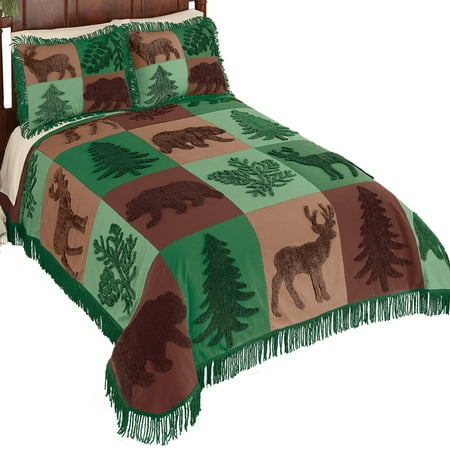 Forest Lodge Patchwork Chenille Bedspread with Fringe- Pattern Features Green and Brown Scene of Evergreen Trees with Bears and