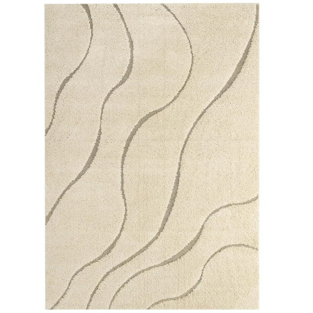 Modway Jubilant Abound Abstract Swirl Shag 5x8 Area Rug in Creame and Beige