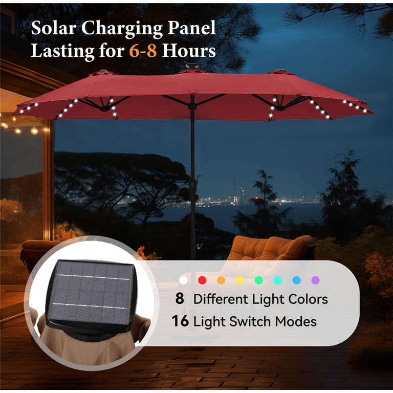 giant smart living burgundy patio umbrella Tilt | Auto-Tilt, Wind Resistant, Woodgrain Finish | Commercial Grade | Sunbrella resistant and adept at blocking out 99% of UV rays Alpha Joy 15ft Extra Large