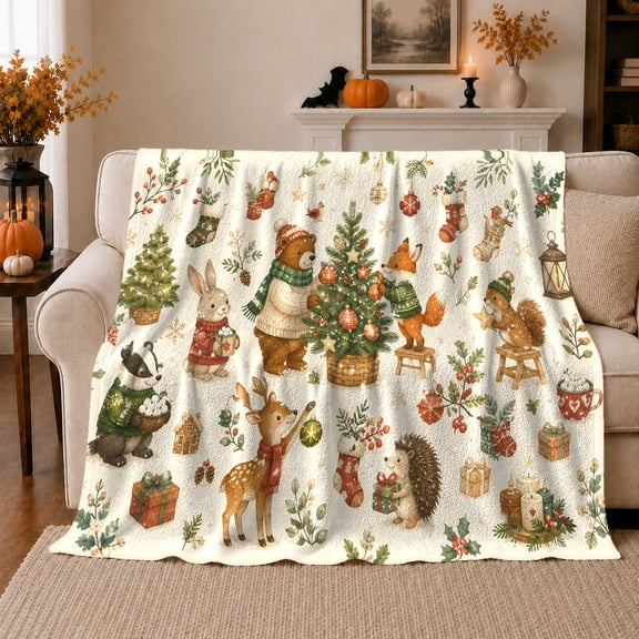 Woodland Animals Christmas Tree Celebration Watercolor Scene, Festive Holiday Scene, Warm Flannel Blanket for Living Room and Reading Nook, Art Lovers Christmas Gift, Festive Home Decor