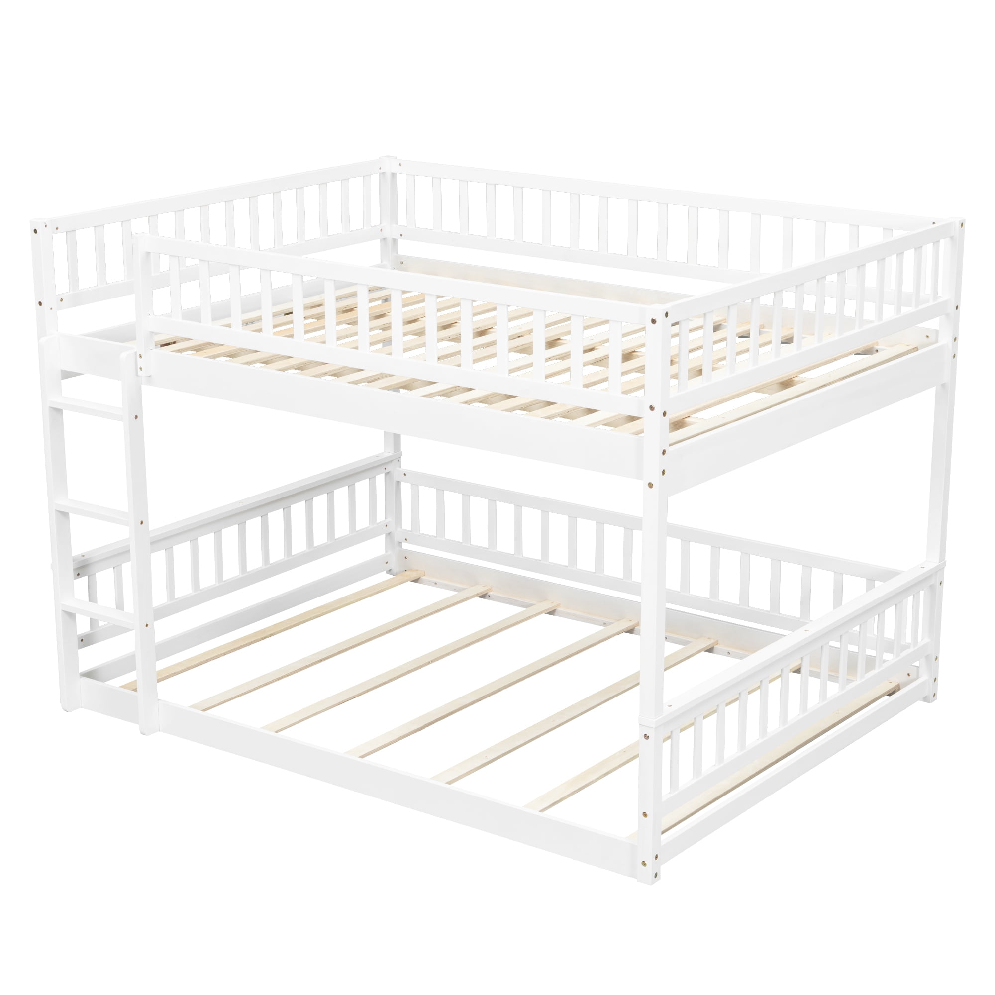 Euroco Wood Queen over Queen Bunk Bed with Ladder and Guardrails, White