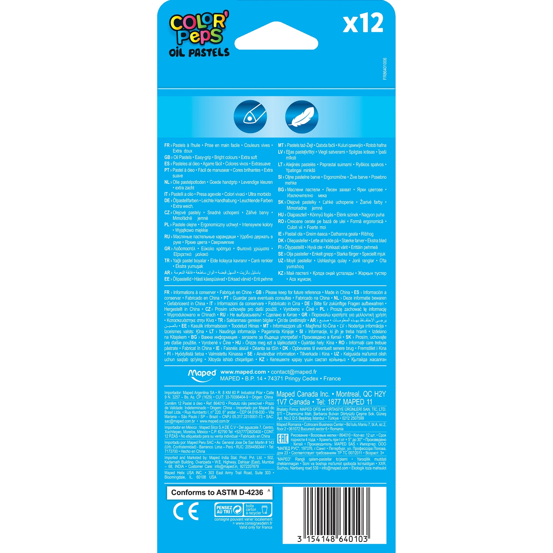 Maped Color'Peps Triangular Oil Pastels, 12 Per Pack, 6 Packs