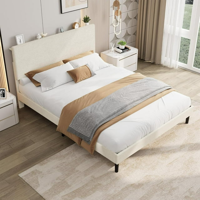 GloryStar Corduroy USB Charging Platform Bed, Adjustable Storage Headboard with Wooden Slat Support, No Box Spring Required