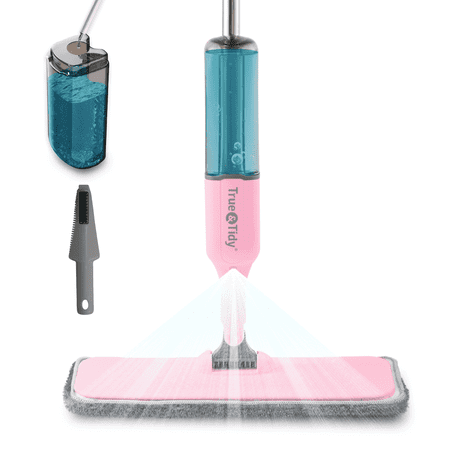 True & Tidy Spray Mop with 15 Inch, 360 Swivel Mop Head, Refillable Cleaner Bottle & Reusable Microfiber Pad, Pink