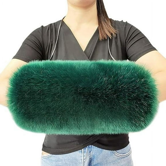 Women's Faux Fox Fur Hand Muffs Cold Hand Gloves Windproof Arm Wrist Warmer With Shoulder Strap dark green 30CM