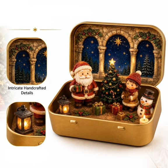 Glowing Christmas Diorama Ornament with Santa and Snowman, Gold Tin, 4-Pc, for Indoor Table Decor, Christmas Decoration