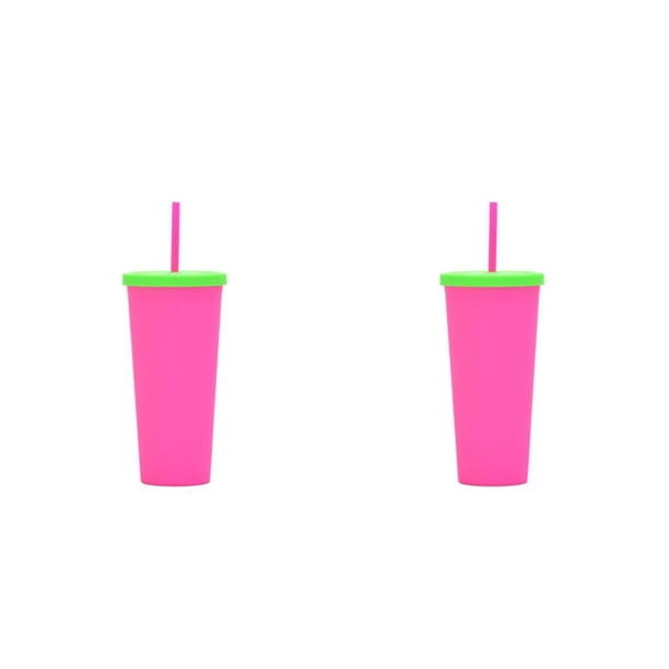 Toystoory Taza de paja de plástico de Color caramelo, botella de agua para té y café, vaso de oficina para coche de gran capacidad esmerilado Rosa fluorescente roja 2piezas