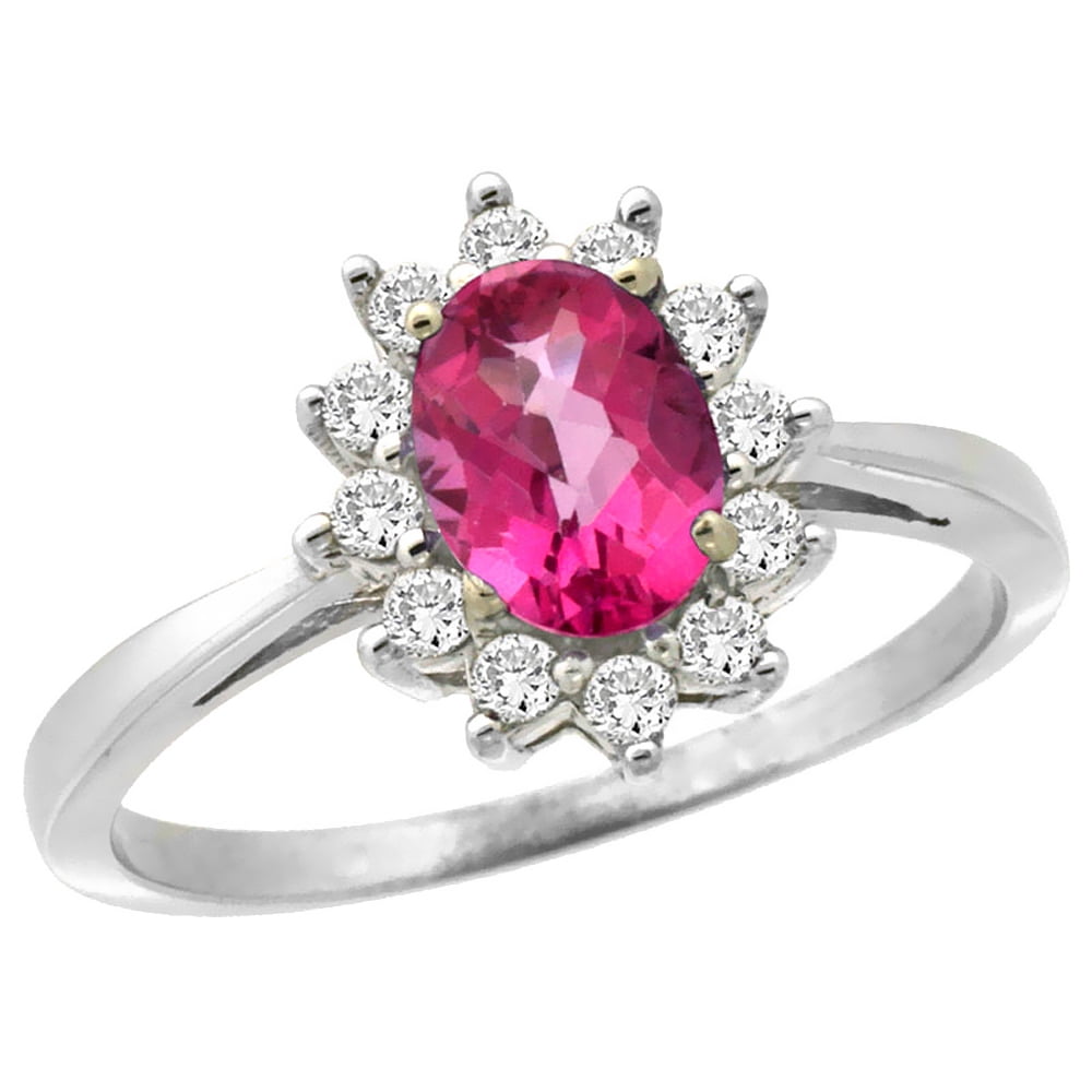 14K White Gold Natural Pink Sapphire Engagement Ring Oval 7x5mm Diamond Halo, size 6 by Gabriella Gold