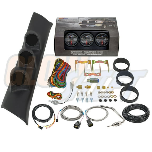 GlowShift | 2nd Gen 1994-1997 Dodge Ram 5.9 Cummins Black Triple Pillar Pod with Black 7 Color Series 60 PSI Boost Gauge, 1500 Pyrometer EGT Gauge & Trans Temp Gauge