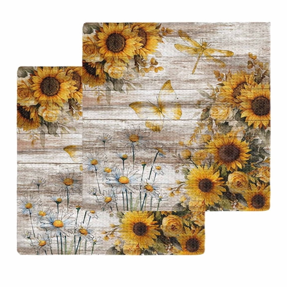 Farmhouse Sunflower Kitchen Dish Towels for Drying Dishes Set of 2, Vintage Daisy Butterflies Rustic Wood Waffle Weave Microfiber Hand Tea Bathroom Towels Quick Dry & Absorbent Towel 12x12
