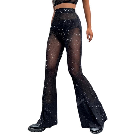 Yuanlong Womens Pants High Rise Sheer Mesh Rhinestone Flare Pants Fitted Sparkle Stylish Club Night Out Stage Party Trousers
