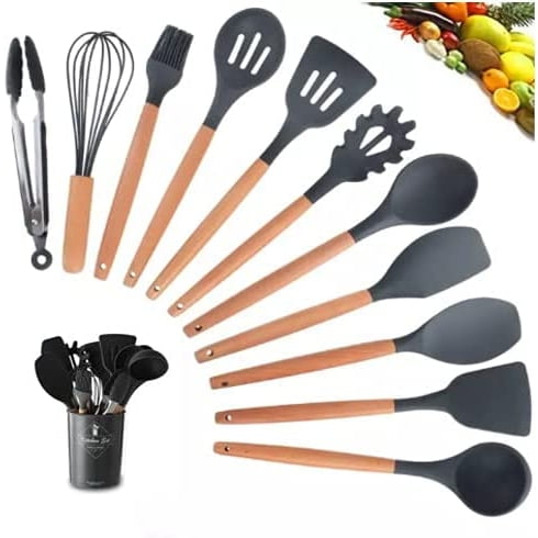 Set Kit C/12 Piezas Utensilios de Cocina Cucharas Espátula Mango Silicona Decoración Madera Libre de BPA Deng Xun unisex