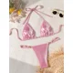 thumbnail image 1 of Bikini con Tanga de perlas para mujer, traje de baño rosa brillante de lujo con realce, microbañador brasileño con cordón, ropa de playa 2024, 1 of 5