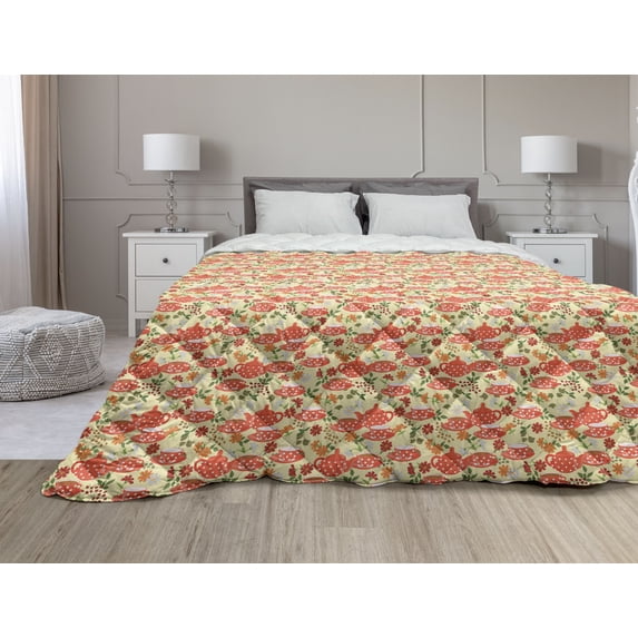 Tea Party Down Alternative Comforter, Cupcakes Cookies and Flowers on Polka Dotted Background Britain Tradition, Microfiber Quilt for All Season, 5 Sizes, Multicolor, by Ambesonne