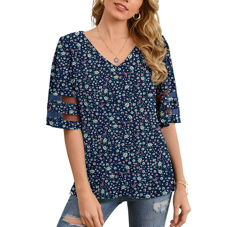 HAPIMO Savings Women's Short Sleeve Shirts Plum Flower Graphic
