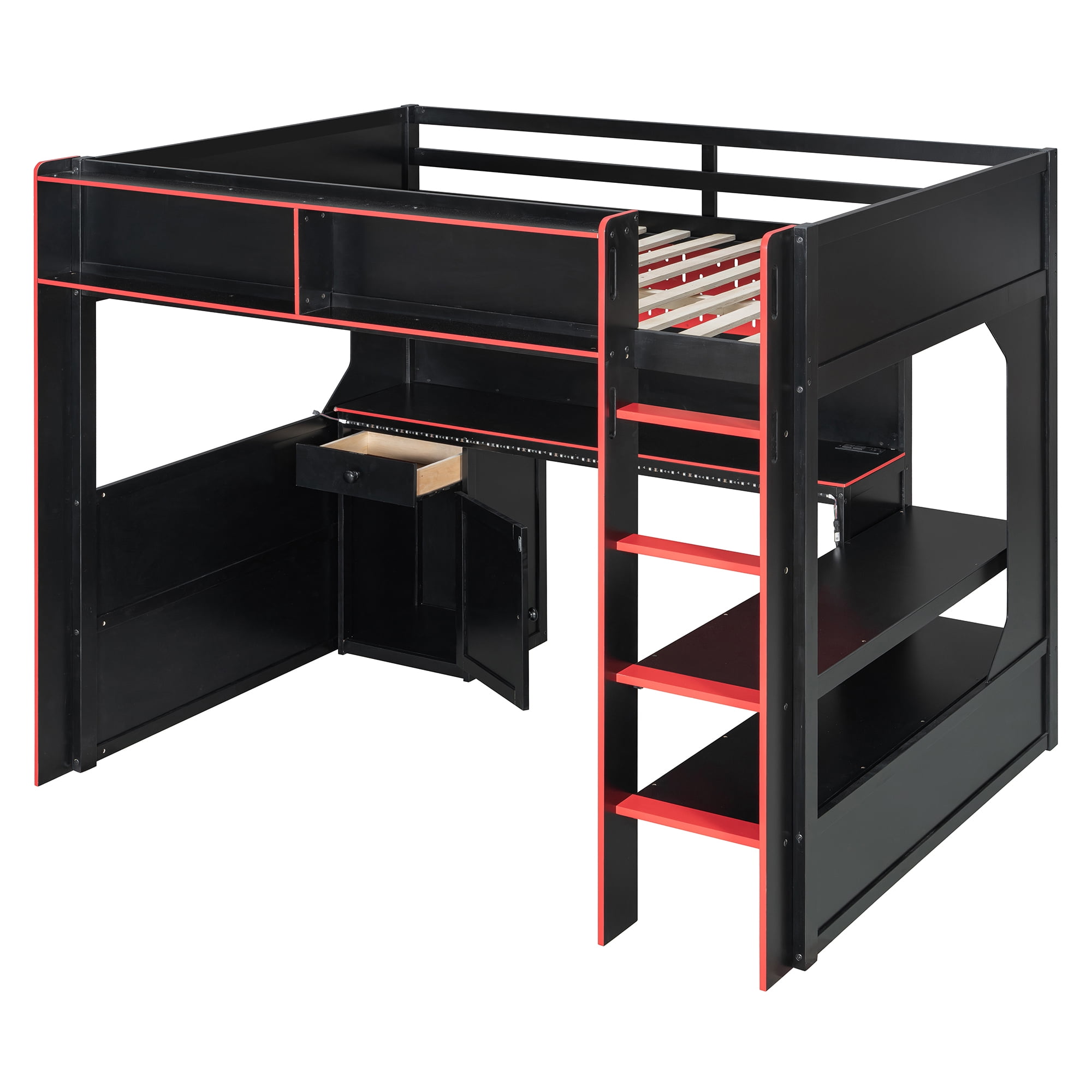 Mintazer Full Size Gaming Loft Bed with Desk & LED Lights, Modern Bed Frame with Storage Shelves & Pegboard and Charging Station for Dorm Bedroom Apartment, Black & Red