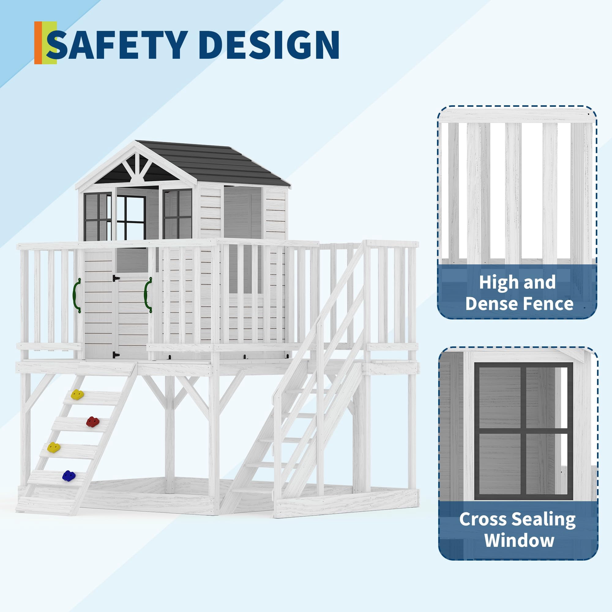 Danolapsi Kids Outdoor Playhouse with Climbing Wall, 2 Story Wooden Playhouse with Sandbox, Elevated Cedar Wooden Kids Playhouse with Step Ladder(ship in 3 boxes)