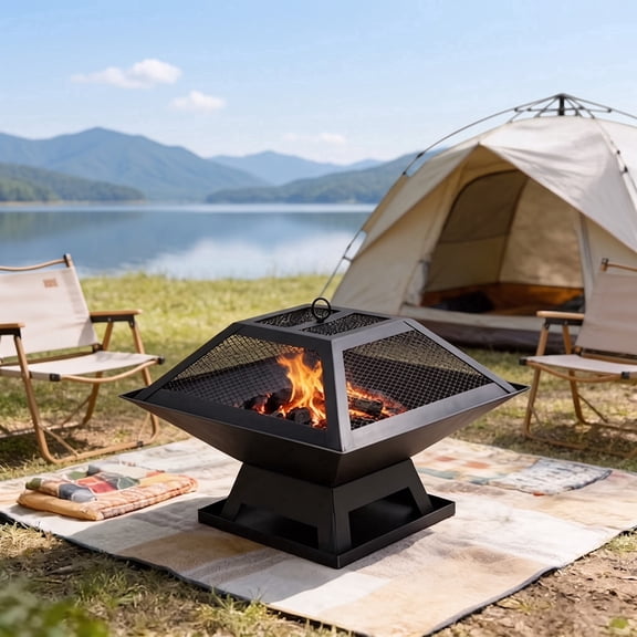 COTINSE 3-in-1 Square Fire Pit for Outside, 19" Wood Burning Fireplace with BBQ Grill and Mesh Lid, Heavy Duty Outdoor Metal Brazier for Patio, Backyard and Garden, Black