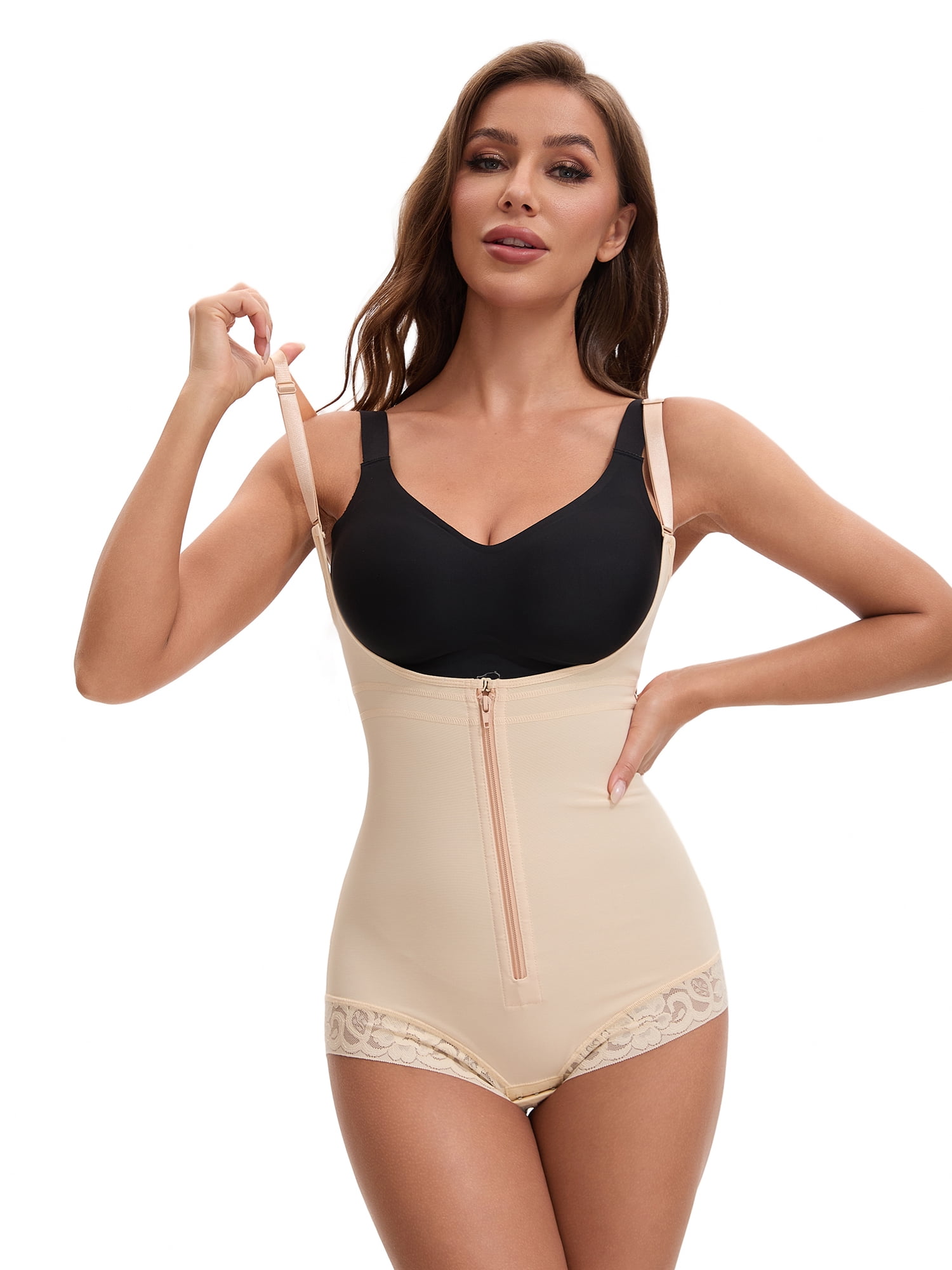 Unique Bargains Front Zipper Tummy Control Full Bodyshaper Beige XL