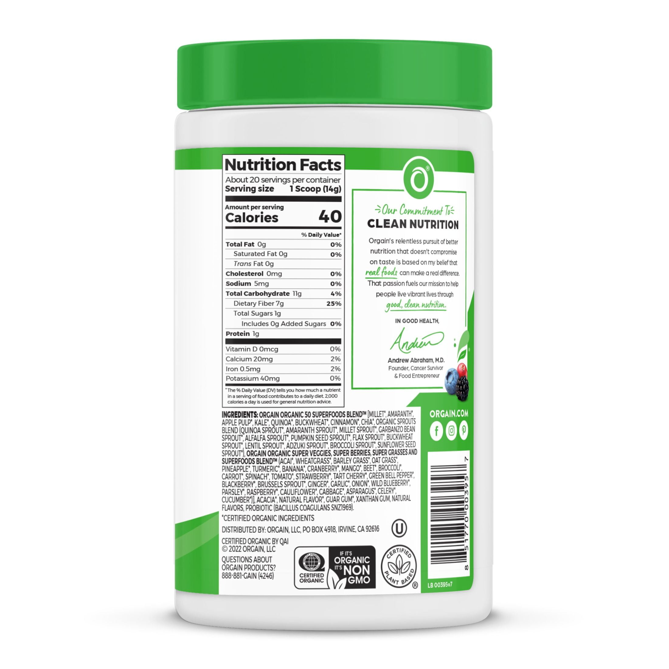 Orgain Vegan Organic Greens & 50 Superfoods Powder- 1B Probiotics, Original Flavor, 0.62lb