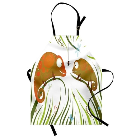 Hungry Animal - Chameleons Apron Hungry Animals Grass Looking at Spider Insect World Illustration Worm Ladybug, Unisex Kitchen Bib Apron with Adjustable Neck for Cooking Baking Gardening, Multicolor, by Ambesonne