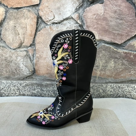 

Women‘s Floral Embroidered Mid Calf Boots V-cut Block Heel Cowgirl Boots Low Heel Slip-on Shoes