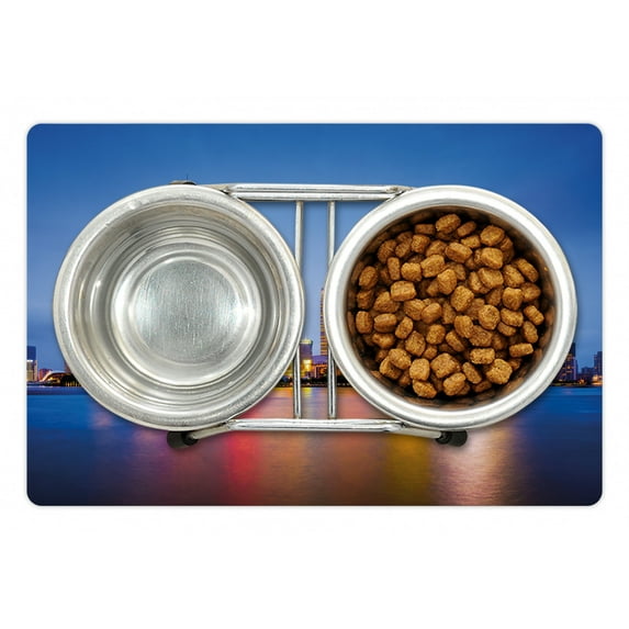 Urban Pet Mat for Food and Water, City Skyline of Shanghai China on Huangpu River Dusk Famous Travel Destination, Non-Slip Rubber Mat for Dogs and Cats, 18" X 12", by Ambesonne