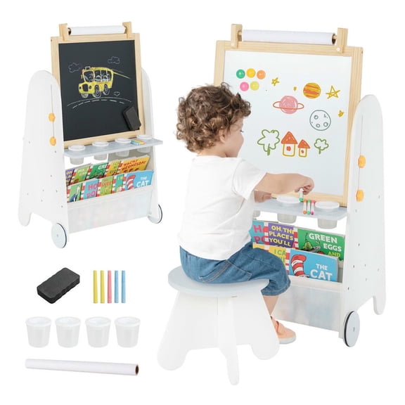 Barara King 4-in-1 Toddler Activity Table Set with Magnetic Whiteboard and Chalk Board, Children's Art Drawing Easel for Living Room, Study Room, Gray