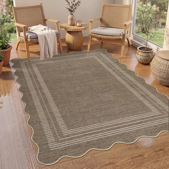 5x7 Washable Non Slip Area Rug Scalloped Jute-Look Indoor Outdoor Rug for Living Room Brown