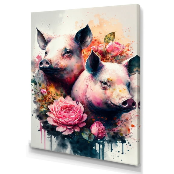 Designart Cute Pigs Floral Art Canvas Wall Art