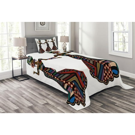 African Woman Bedspread Set, Young Women in Stylish Native Costumes Carnival Festival Theme Dance Moves, Decorative Quilted Coverlet Set with Pillow Shams Included, Multicolor, by
