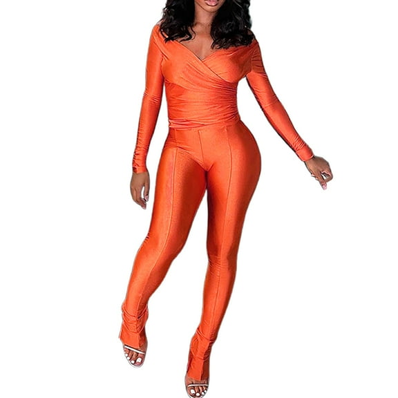 Women Casual Fashion Solid V Neck Long Sleeve Shirt Blouse Elastic Waist Pant Set Suits