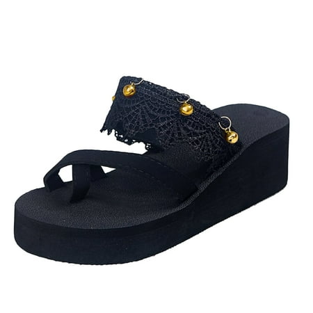 

TAIAOJING Women Sandals Vacation Seaside Beach Slippers Lace Bells Flip Flops Casual Wedge Slippers Fashion Shoes Zapatos