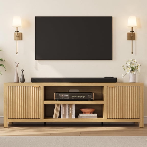 Fluted TV Stand for 80 inch, 70" Wide Natural Oak Entertainment Center with Adjustable Shelves, Modern TV & Media Cabinet 2-Tier Storage for Living Room Bedroom Hallyway