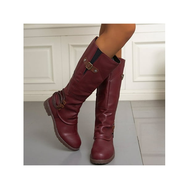 Bellella bottines hautes pour femmes bottes d'équitation larges pour  mollets botte de combat à bout rond chaussures d'hiver à talons bas party  Rouge 4.5 