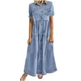 thumbnail image 2 of EGNMCR Robes de Fête pour Femmes Femmes Bouton Ample Imprimé Col en V Imitation Denim Manches Courtes Longue Robe, 2 of 5