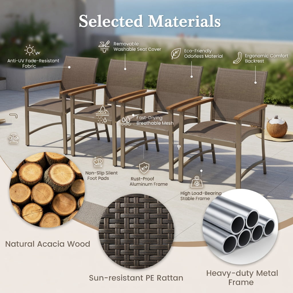 Hommoo Set of 4 Outdoor Rattan Dining Chairs with Acacia Wood Armrests, Weather-Resistant PE Wicker & Powder-Coated Metal Frame for Patio, Backyard, Poolside & Balcony, Brown